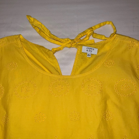 NWOT Crown and Ivy Yellow Eyelet Peplum Blouse | Tie Neck Long Sleeve - Picture 10 of 10